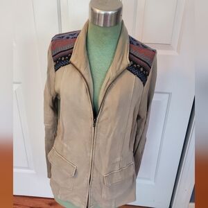 Others Follow Beige Utility Jacket with Patterned Shoulders